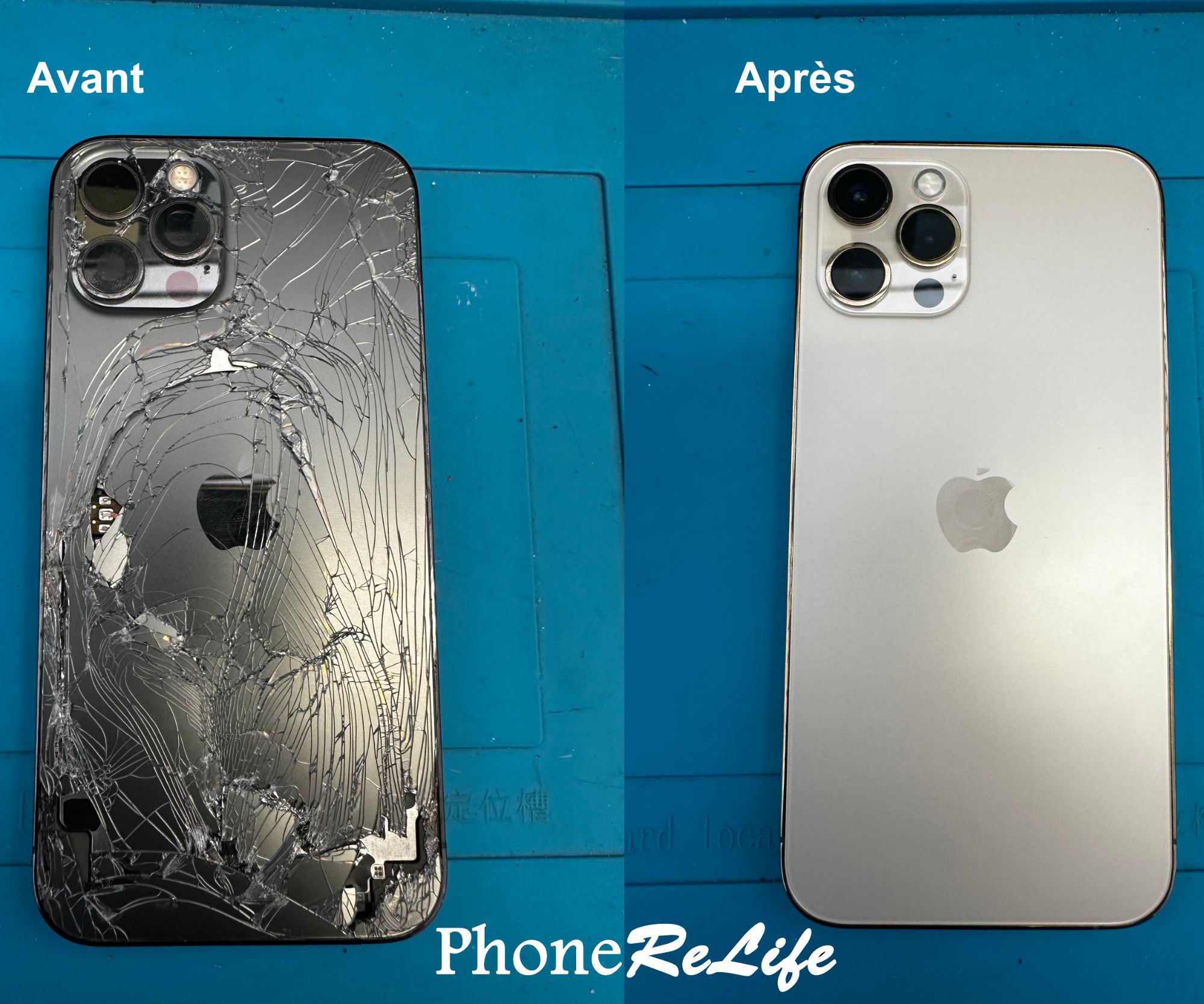 Réparation PhoneReLife : téléphone avant et après réparation